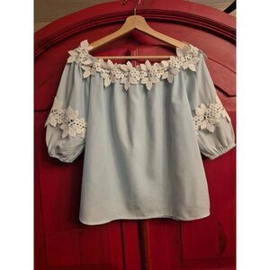 Lumiere Small Gorgeous Detailed Machined Lace Trimmed Sky Blue 3/4 Sleeve Shirt